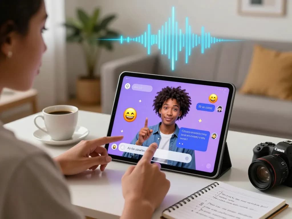 Engaging interface of sex chat AI on a tablet with interactive elements, in a cozy home setting.
