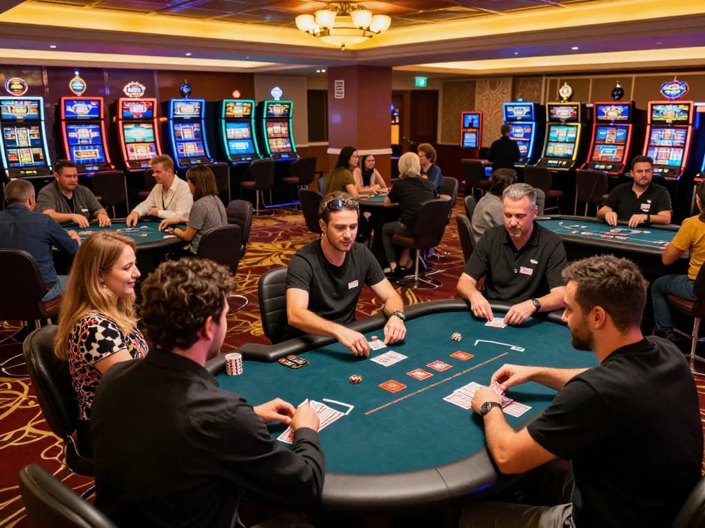 Players strategizing and enjoying their experience at DN88 casino floor with engaging gameplay