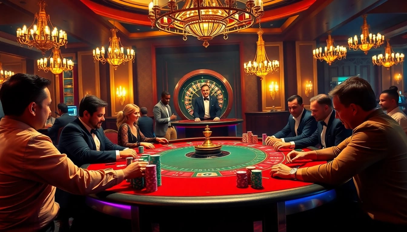 Players strategize and place bets at the poker table in VVVWIN's luxurious casino.