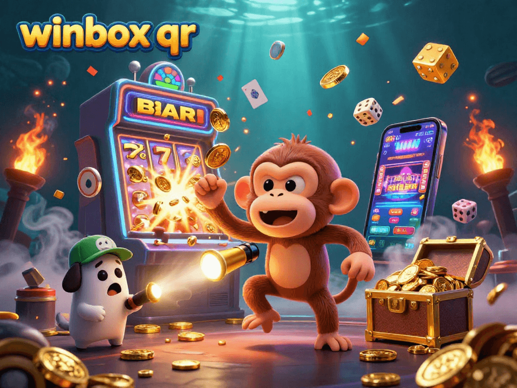Engage with winbox qr through vibrant 3D casino art featuring a sly monkey juggling gold and a curious puppy.