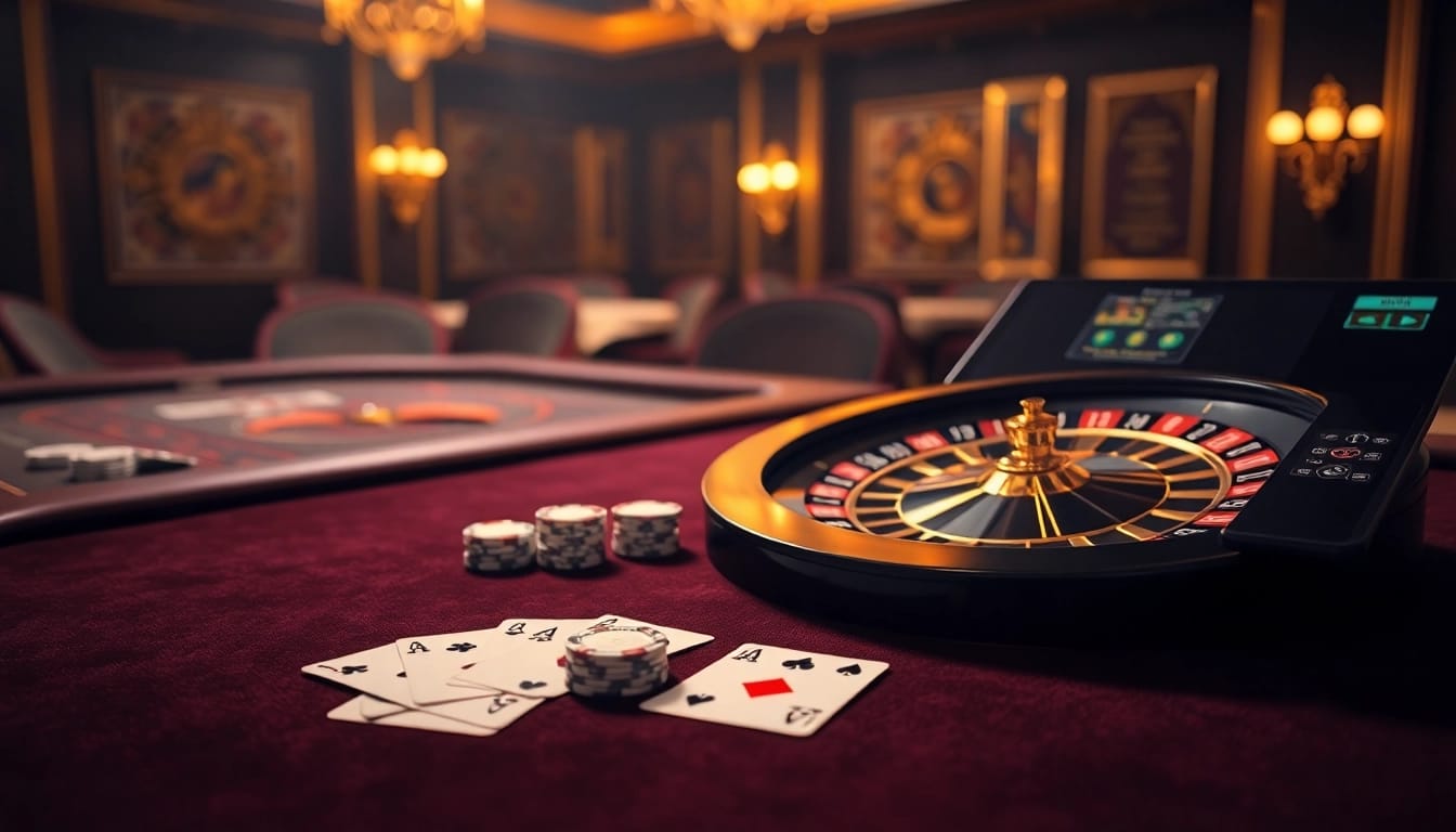 Experience the excitement of RR 88 with a luxurious casino scene featuring poker chips, cards, and a roulette wheel.