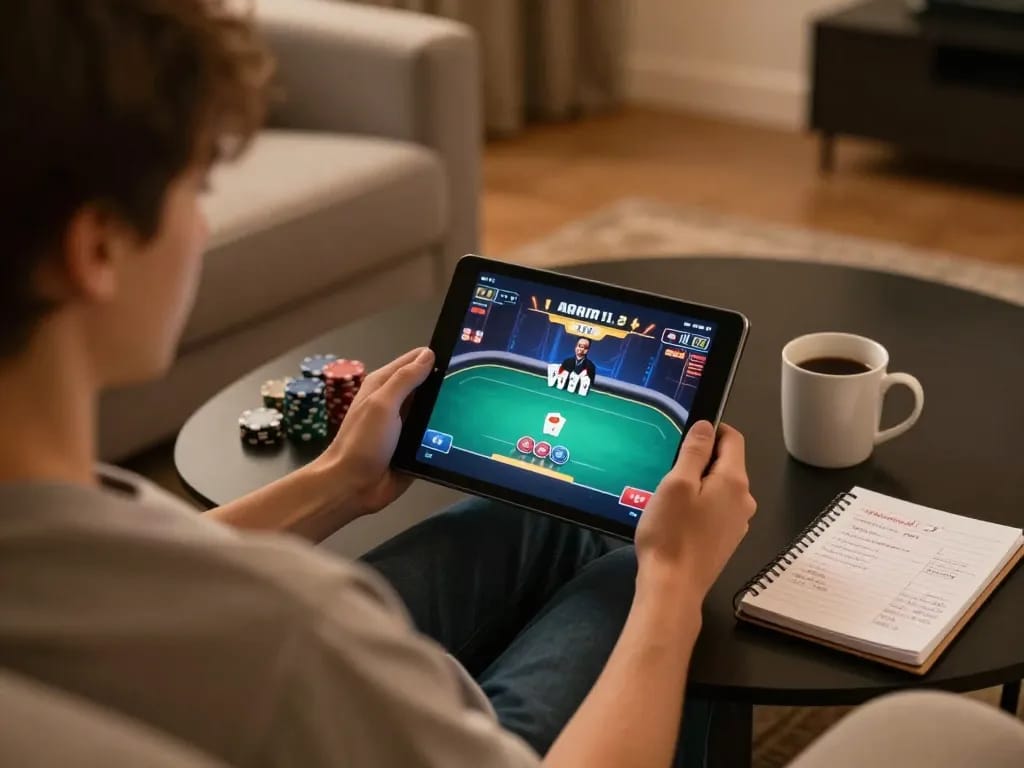 Players engaging in a thrilling online poker game at ok365 from the comfort of home, showcasing tablets and strategy notes.
