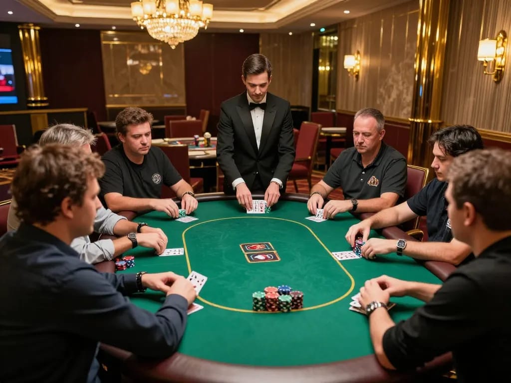 Players enjoying a strategic poker game at iwin. net, showcasing intense gameplay and a vibrant casino atmosphere.