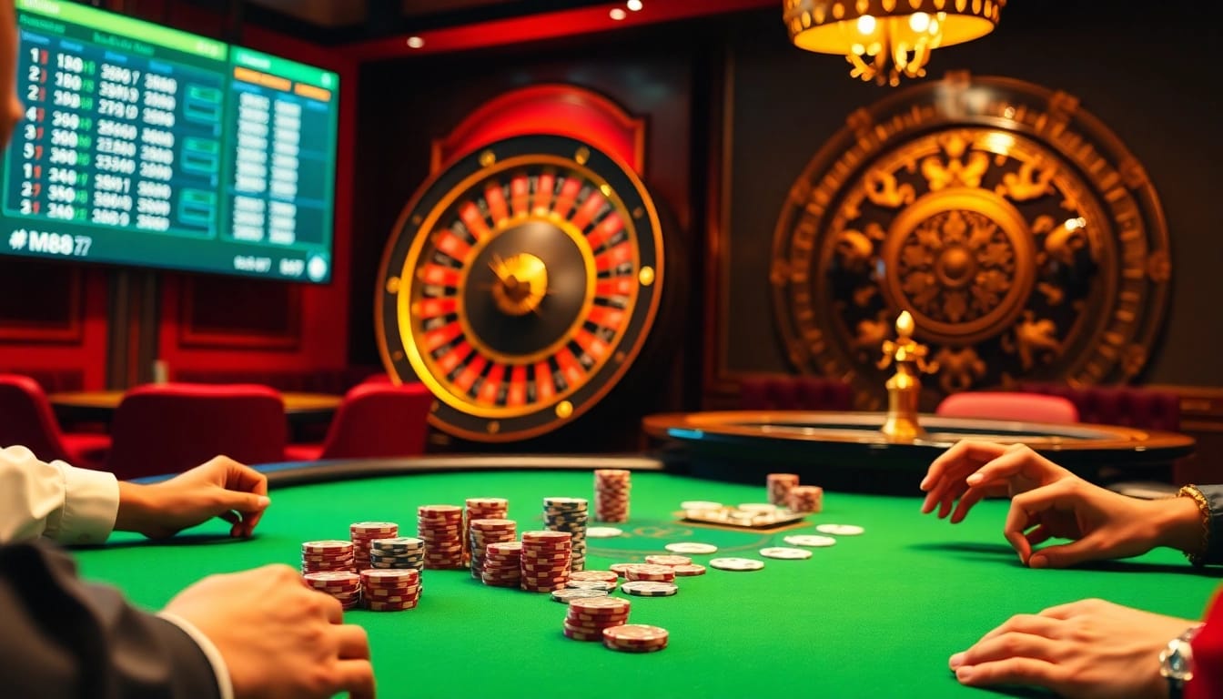 Exciting scene of M88 casino featuring poker table, roulette wheel, and vibrant betting chips.