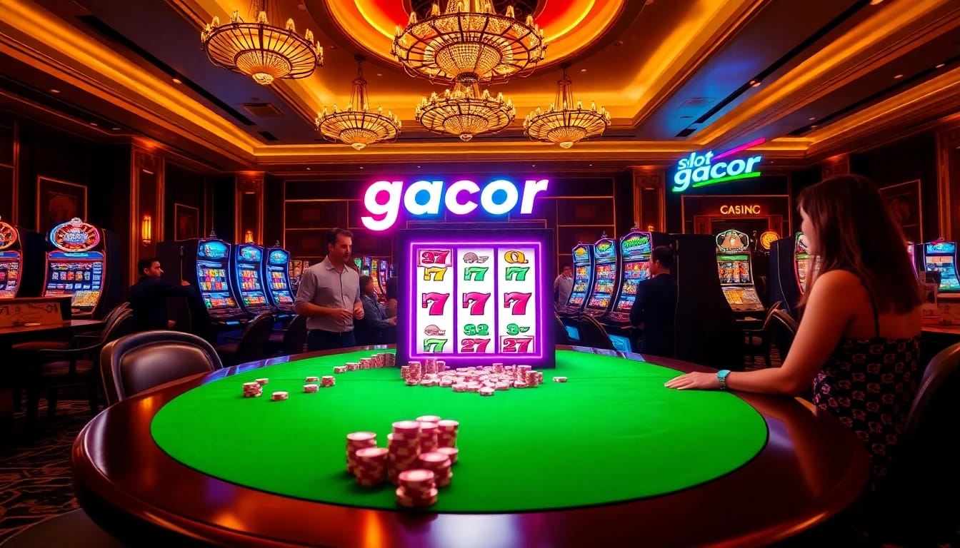 Experience the thrill of slot gacor in a vibrant casino atmosphere with spinning reels and excited players.