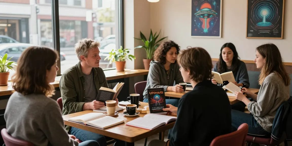 T Allen Greenfield discussions at https://tallengreenfield.com in a cozy café scene with readers engaged over UFOnauts.