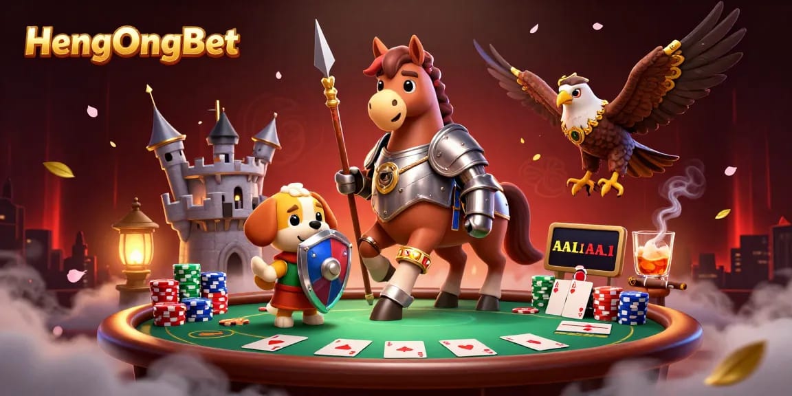 Engage with HengOngBet at a vibrant poker scene featuring a knight, puppy, and falcon.