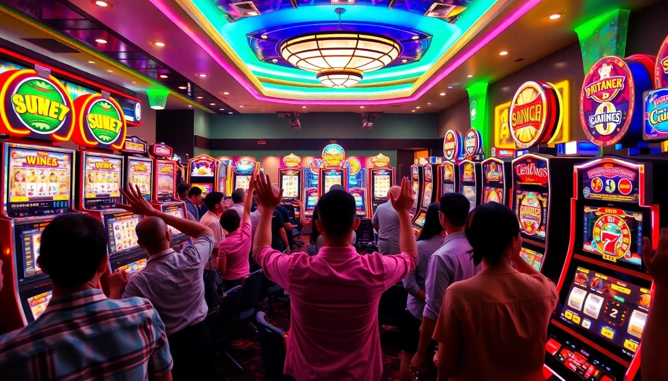 Menampilkan para penjudi yang bersemangat bermain situs slot di kasino yang ramai.