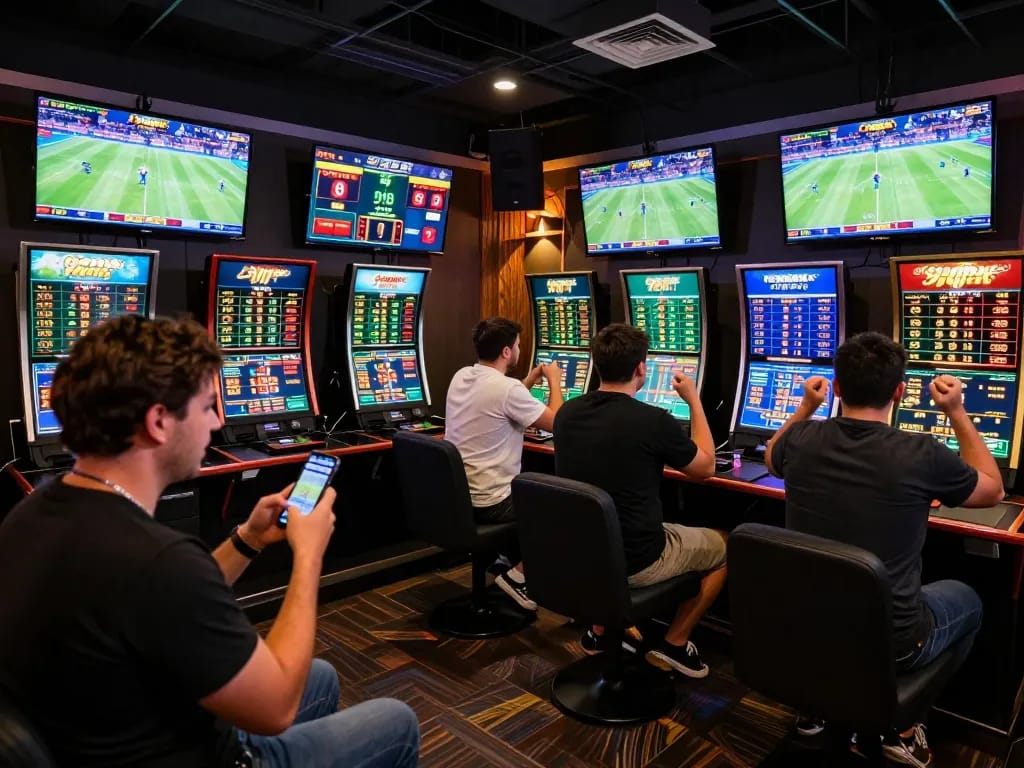 Exciting sports betting moment at 99OK, with enthusiastic bettors engaged in live events and betting.