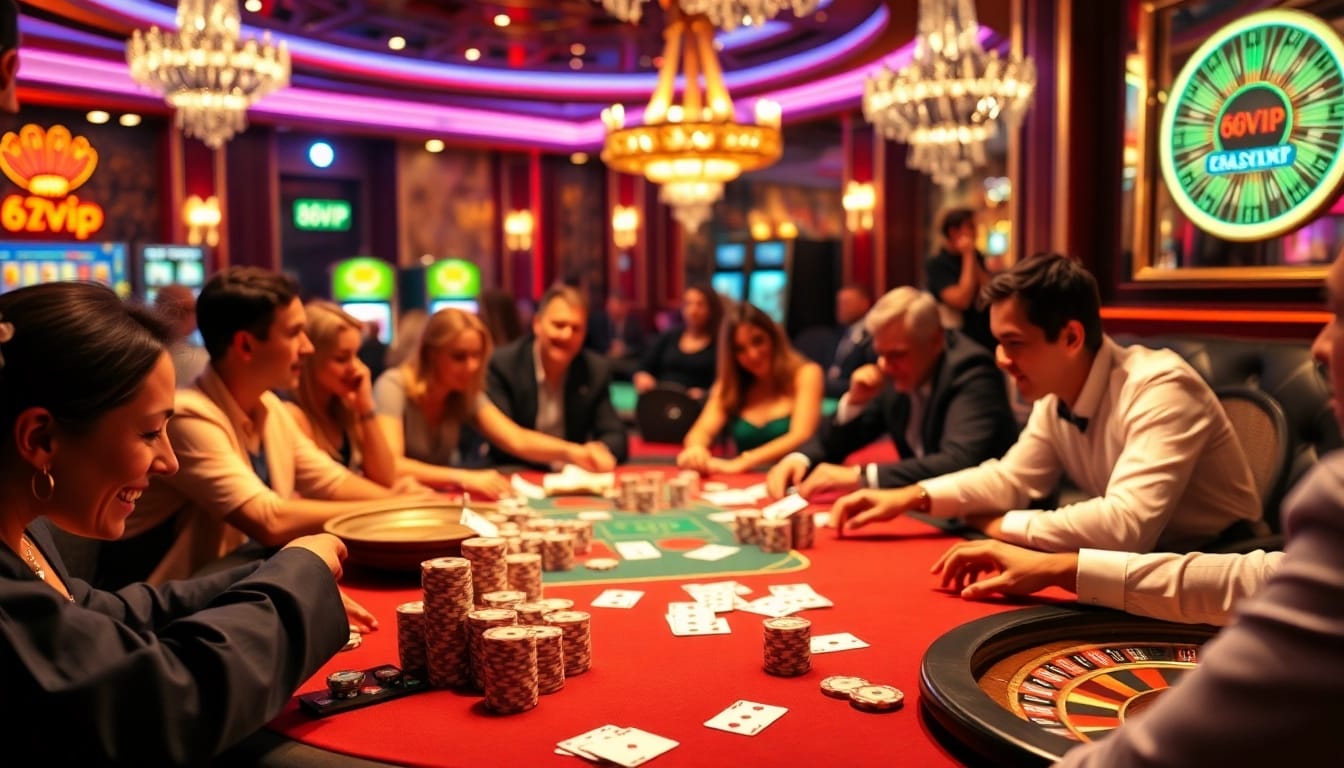 Exciting poker game at 68VIP casino with vibrant chips and cards in action.