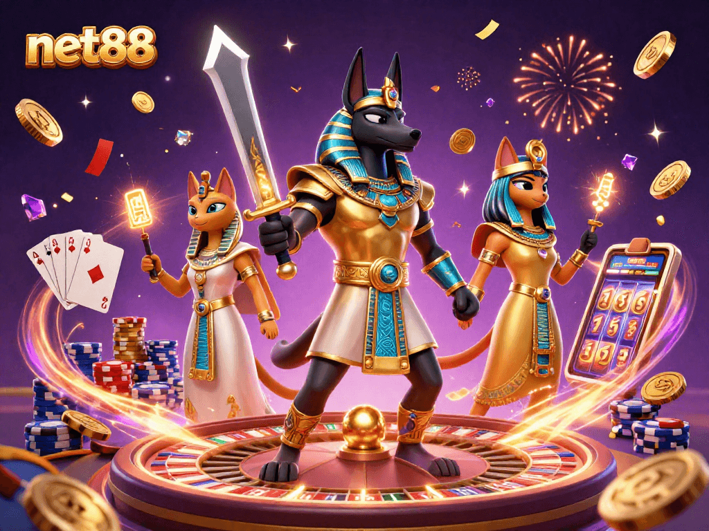 Play thrilling games at net88 with Anubis and Bastet in a vibrant casino illustration.