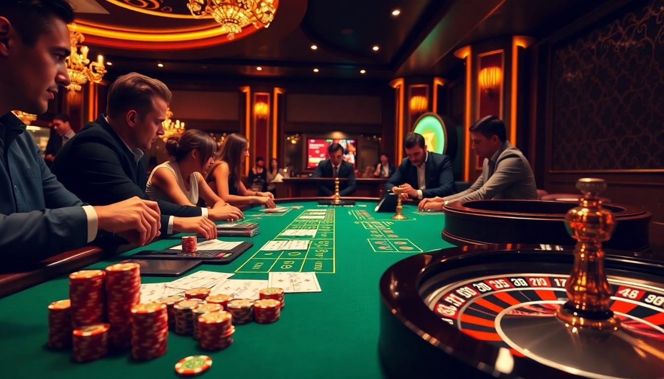 Gamblers strategizing their moves with the app 98win in an upscale casino setting.