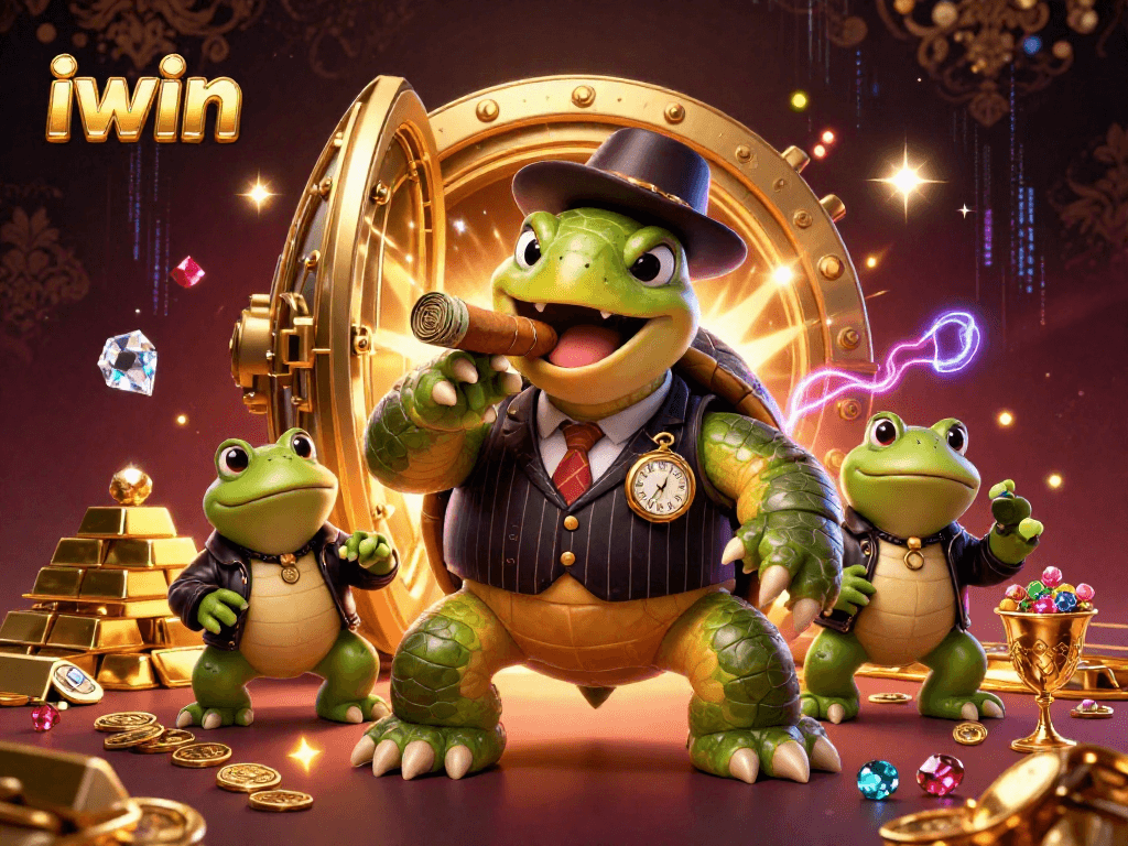 Action-packed illustration of iwin's massive snapping turtle mobster amidst gold and jewels, enhancing casino allure.
