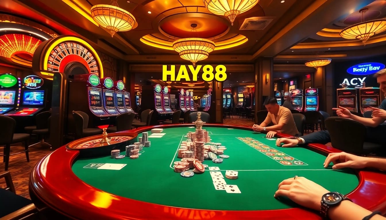 Players enjoying poker and slot machines at HAY88 casino filled with excitement and luxury.