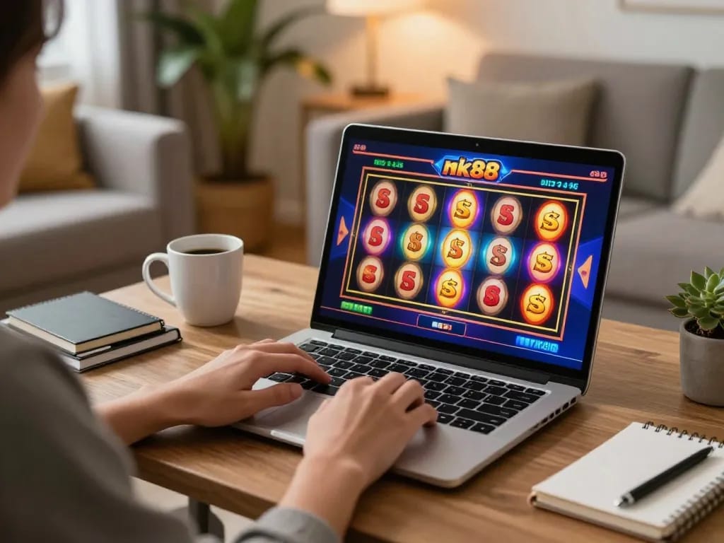 Play nk88 casino games online from a modern home setup with vibrant visuals