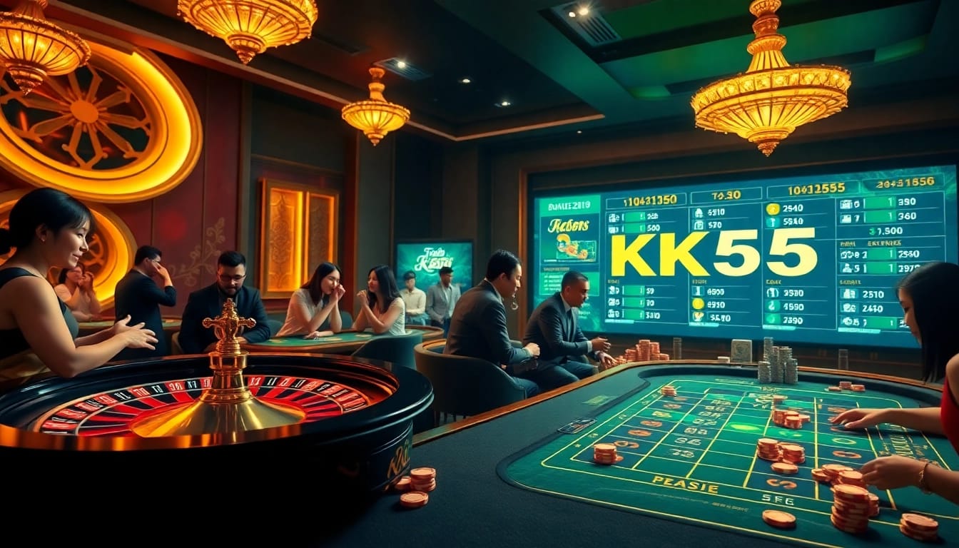 Play online casino games at KK55 with vibrant tables and poker chips.