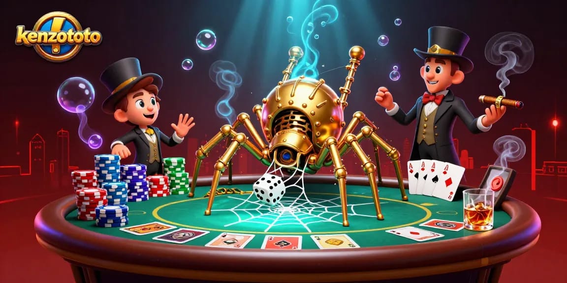 Kenzototo: Captivating illustration featuring luck-themed characters and casino elements engaging in gameplay.