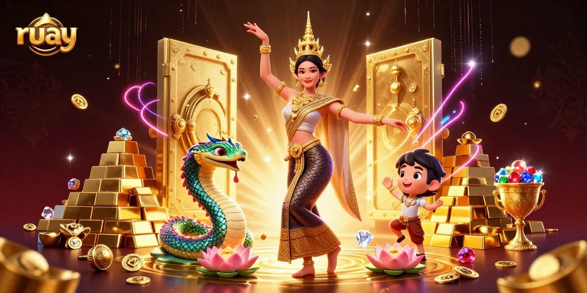 เล่นและชนะกับ ruay ฉากที่สดใส featuring ผู้หญิงเอเชียในชุดประจำชาติ, งูนาคา, และสมบัติในคาสิโน