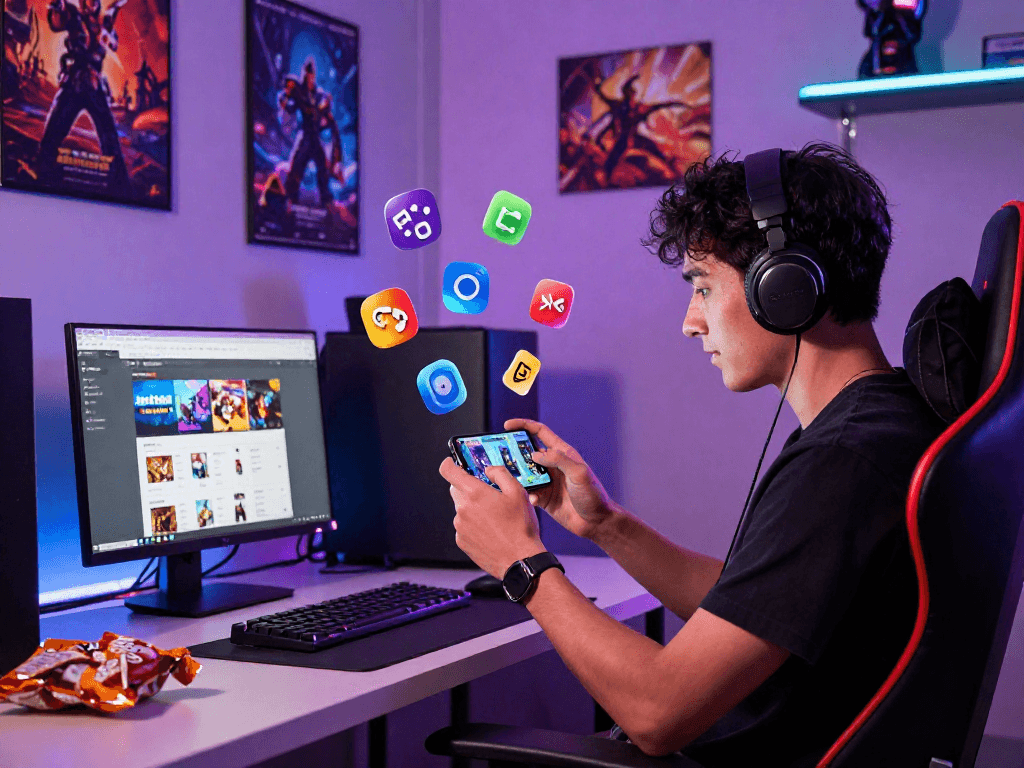Gamer na gumagamit ng bd188 app sa smartphone habang nasa masiglang gaming setup.
