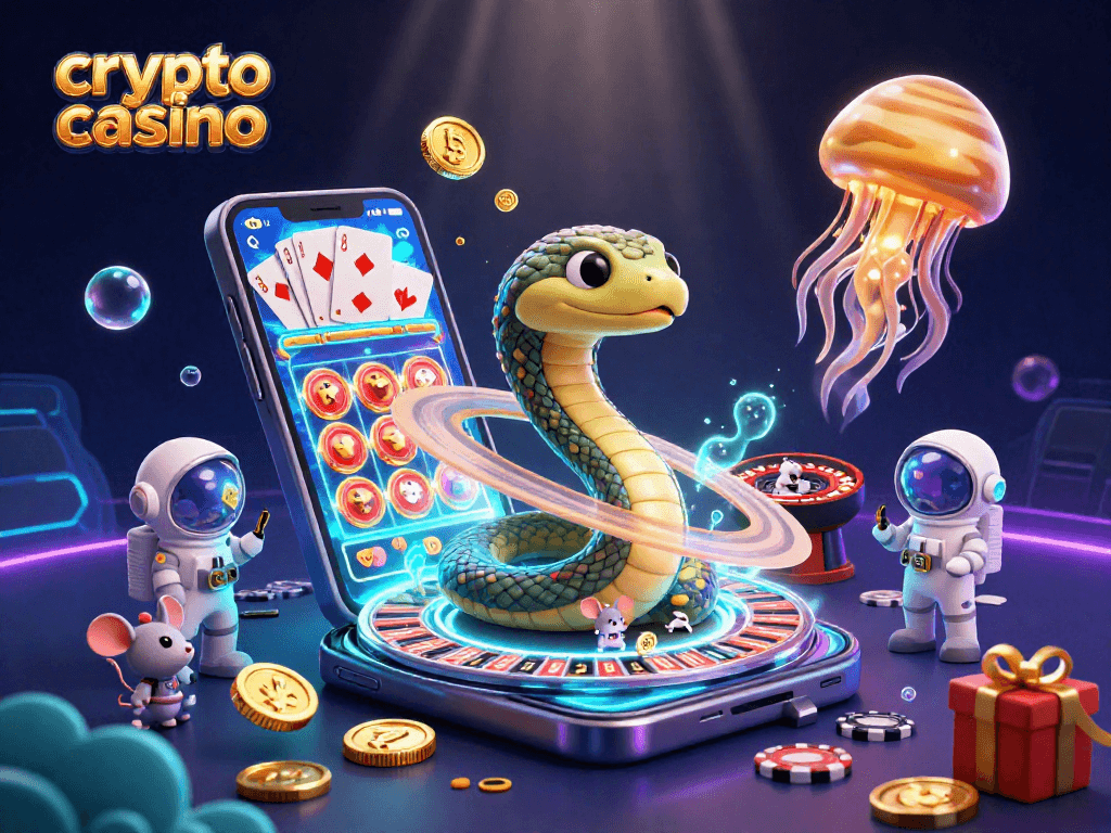 Experience the thrill of a crypto casino with a vibrant cosmic scene of gambling action.