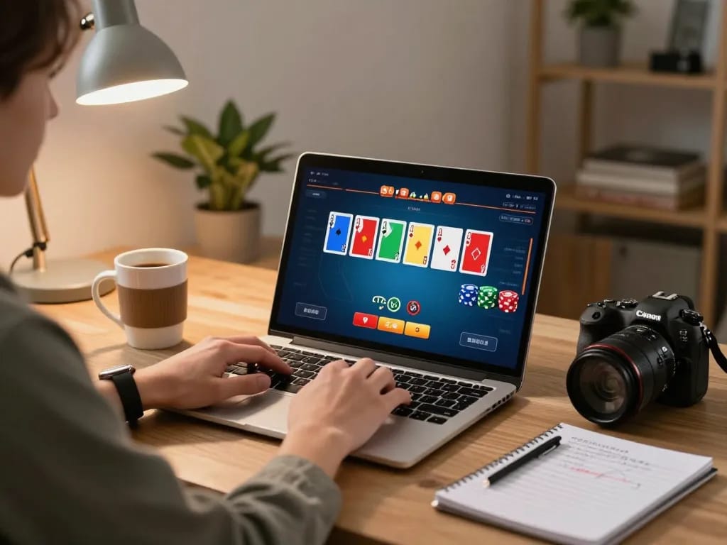 Player engaging in strategic online casino gameplay on SC88VN as cards are displayed on the laptop.