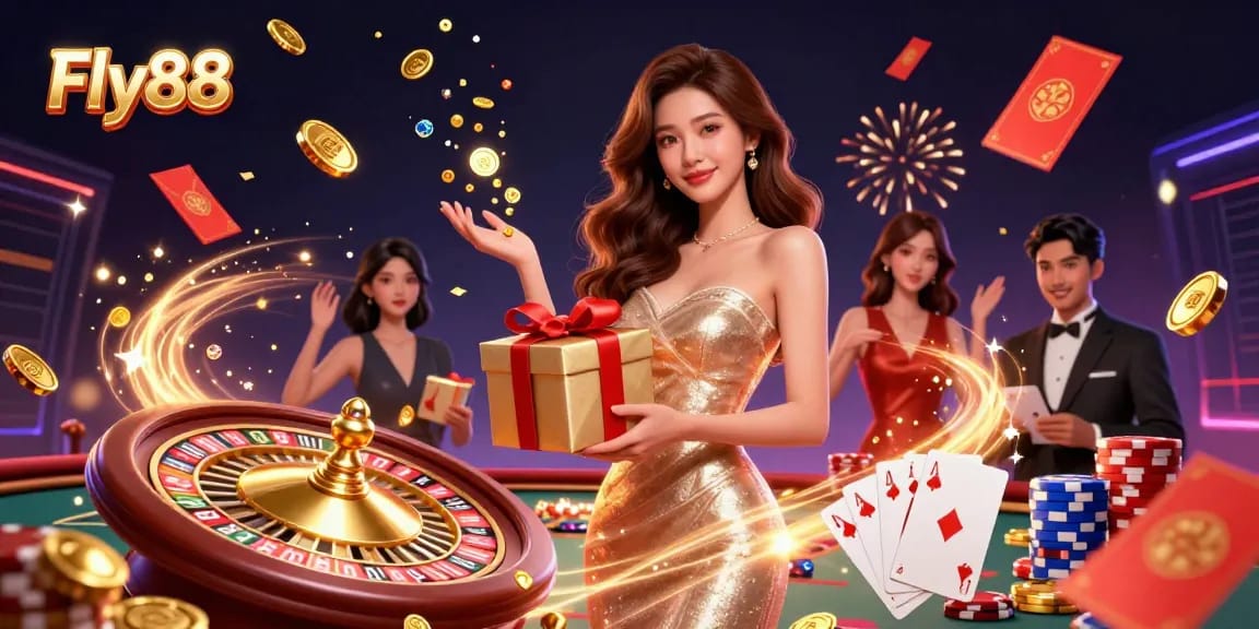 Engage in exciting gameplay at Fly88, featuring dynamic 3D casino elements and celebratory visuals.