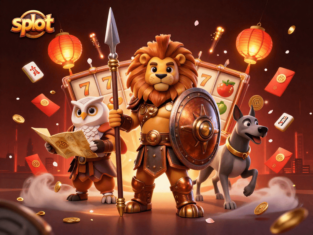 Spin the slot reels with a 3D Spartan lion and lucky symbols in this vibrant scene.