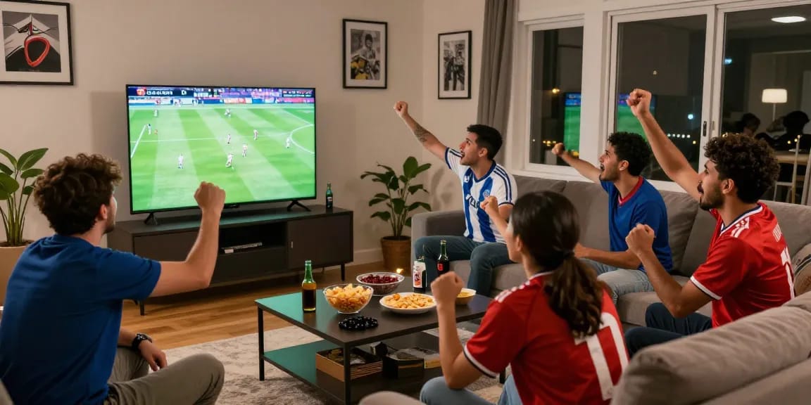Excited fans enjoying بث مباشر of a football match in a cozy living room.