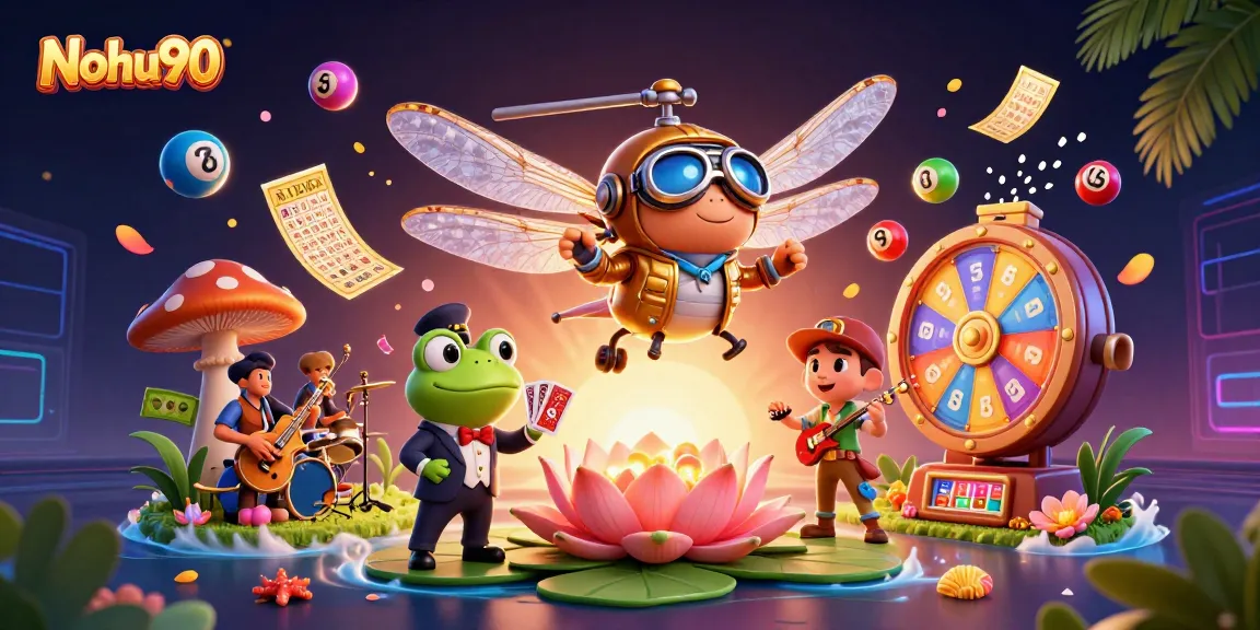 Nohu90 features exciting casino elements with a dragonfly pilot and frog croupier in an animated scene.