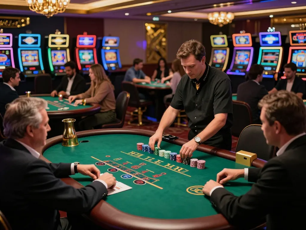 Players strategizing their bets at cm888 blackjack tables in a vibrant casino atmosphere