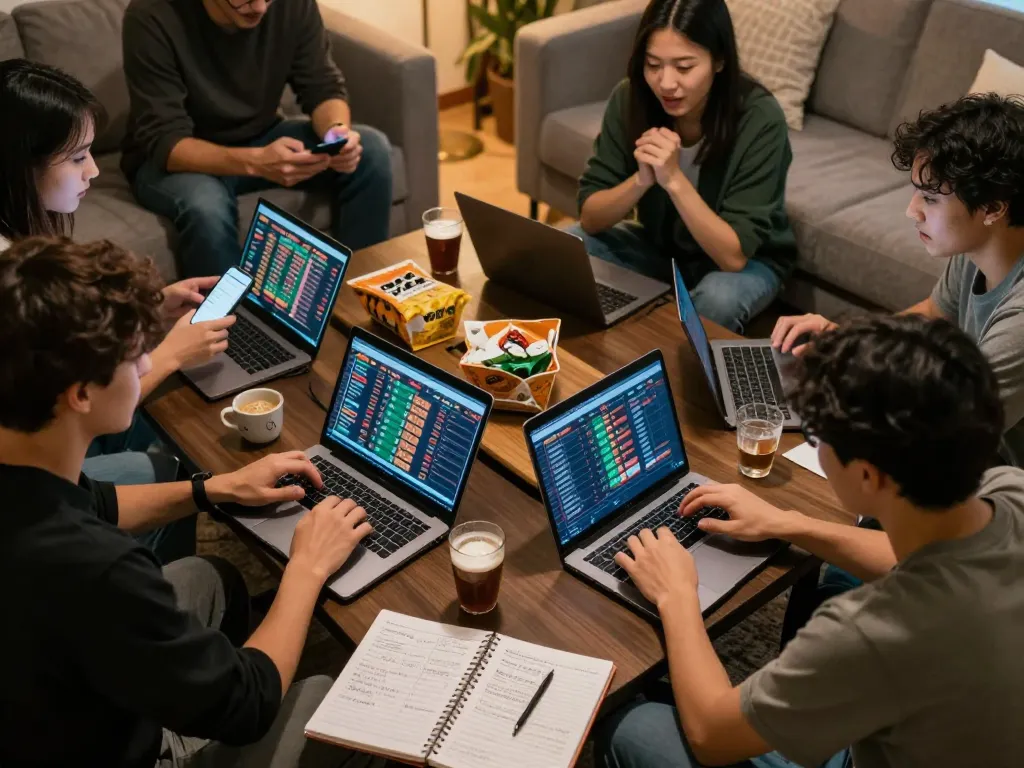 Friends placing bets on trang cá cược bóng đá with excitement during a game night at home.