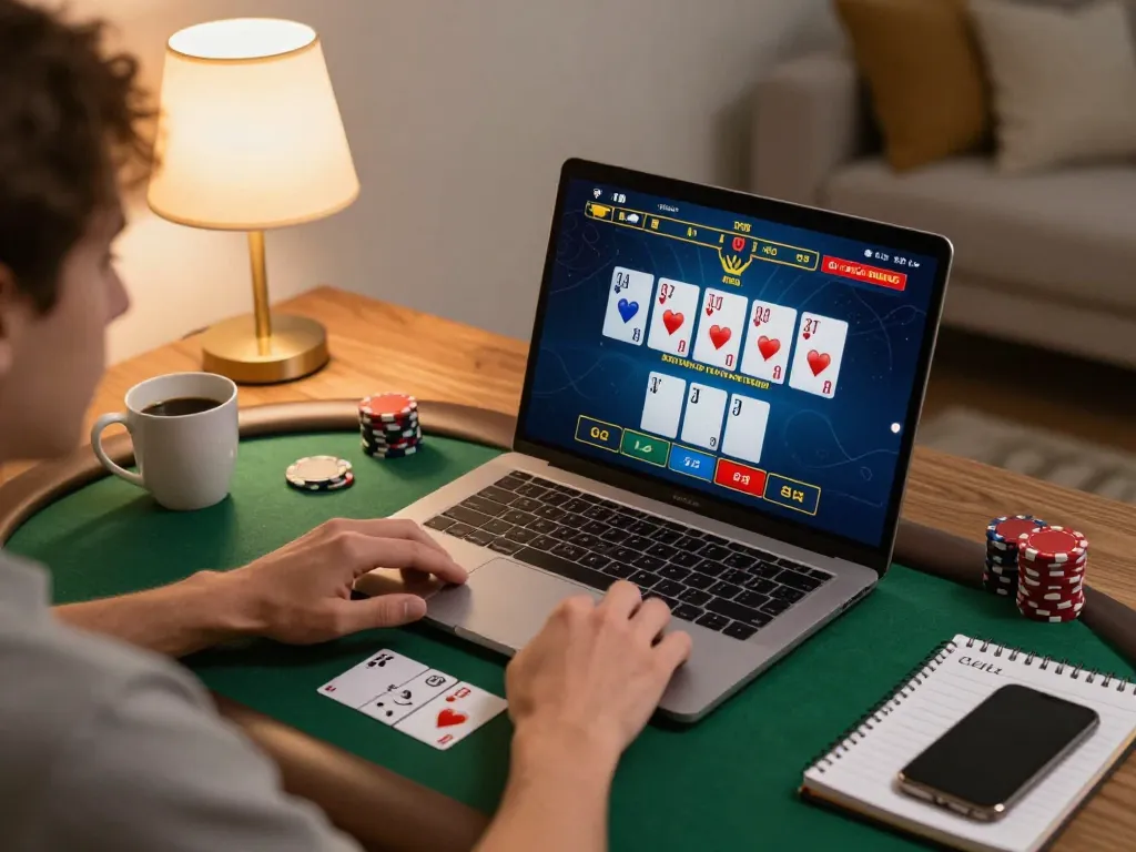 8xbet user strategizing poker gameplay on laptop at home, showcasing virtual casino environment.