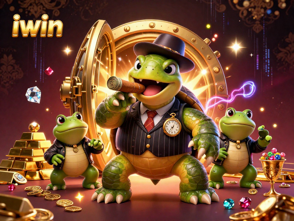 Action-packed illustration of iwin's massive snapping turtle mobster amidst gold and jewels, enhancing casino allure.
