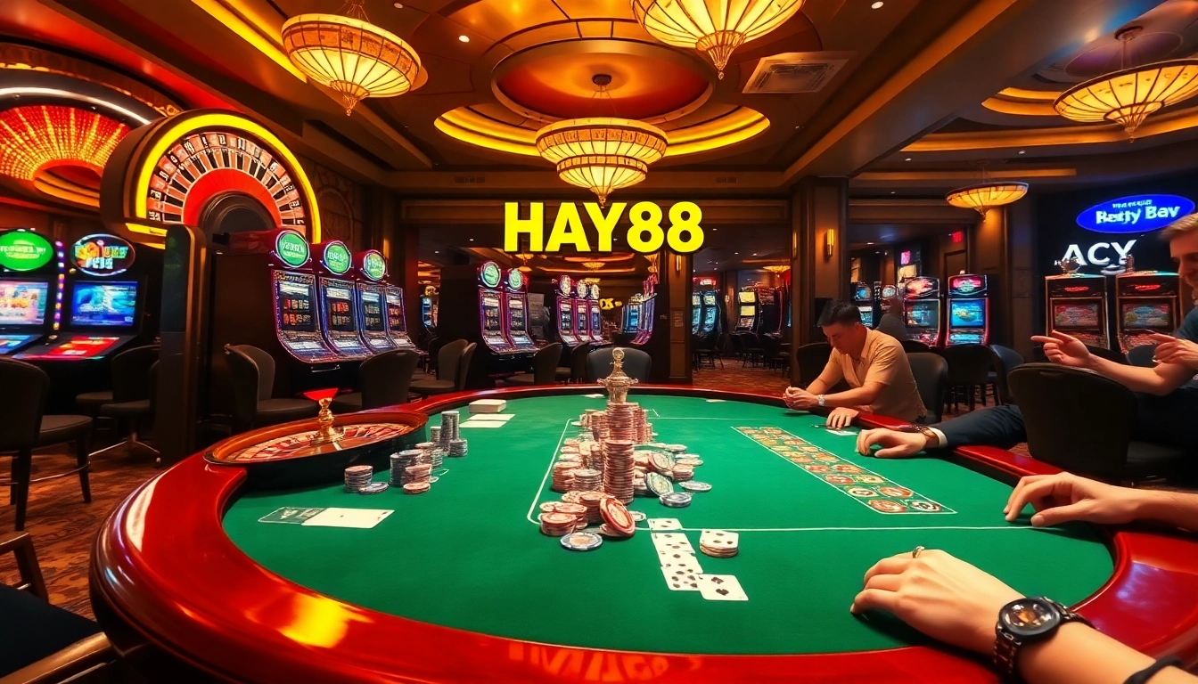 Players enjoying poker and slot machines at HAY88 casino filled with excitement and luxury.