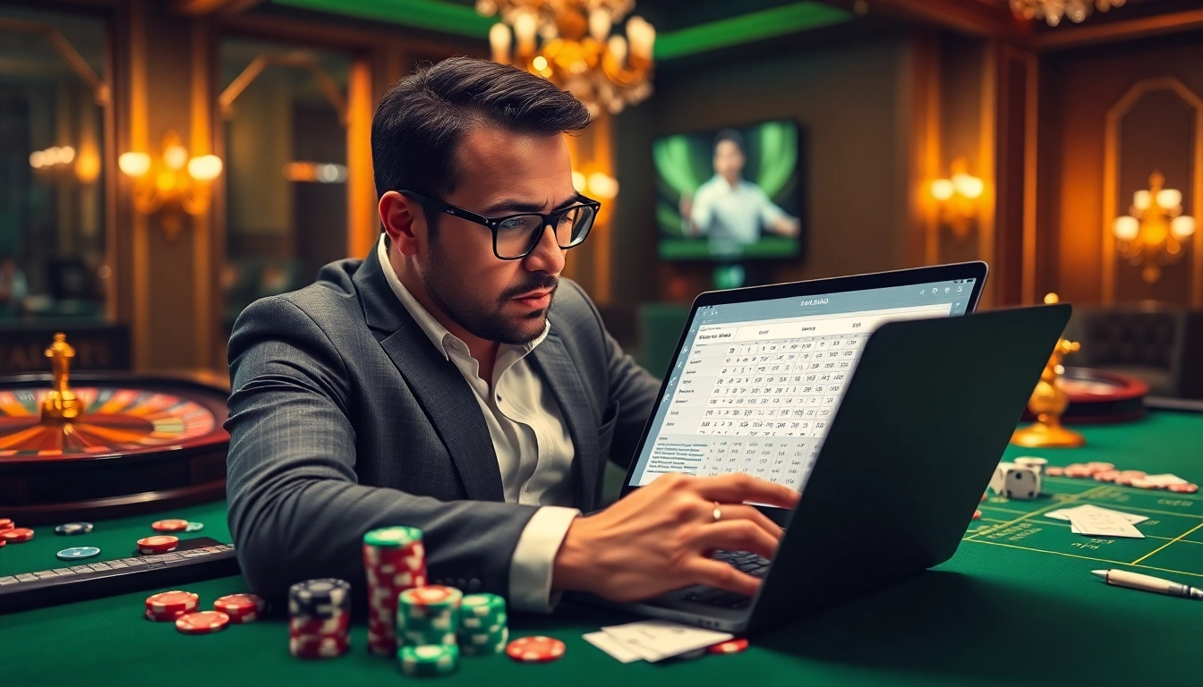 Gambler using techniques เทคนิคแทงบอล with betting slips and poker chips on a luxurious table.
