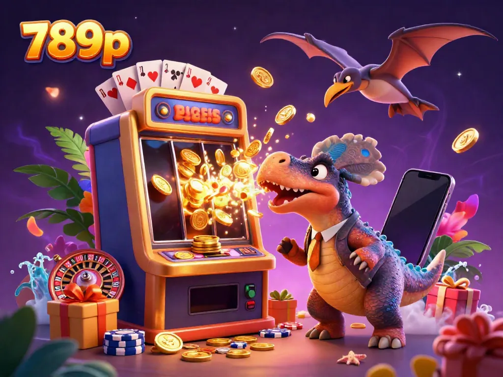 789p pachycephalosaurus activates a golden slot machine, coins flying in a vibrant casino scene.