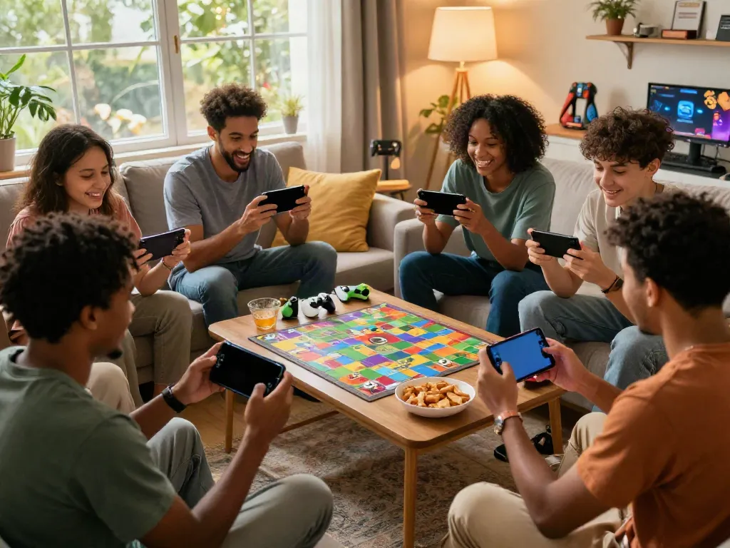 Engaged players enjoying Rumble Rummy on smartphones in a vibrant living room