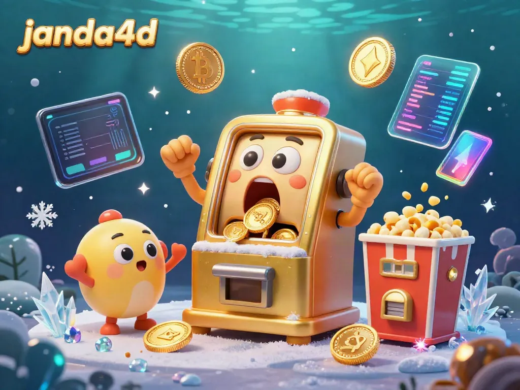 Mesin slot janda4d menghadapi jackpot dengan kegembiraan, dikelilingi oleh koin crypto dan elemen jackpot.