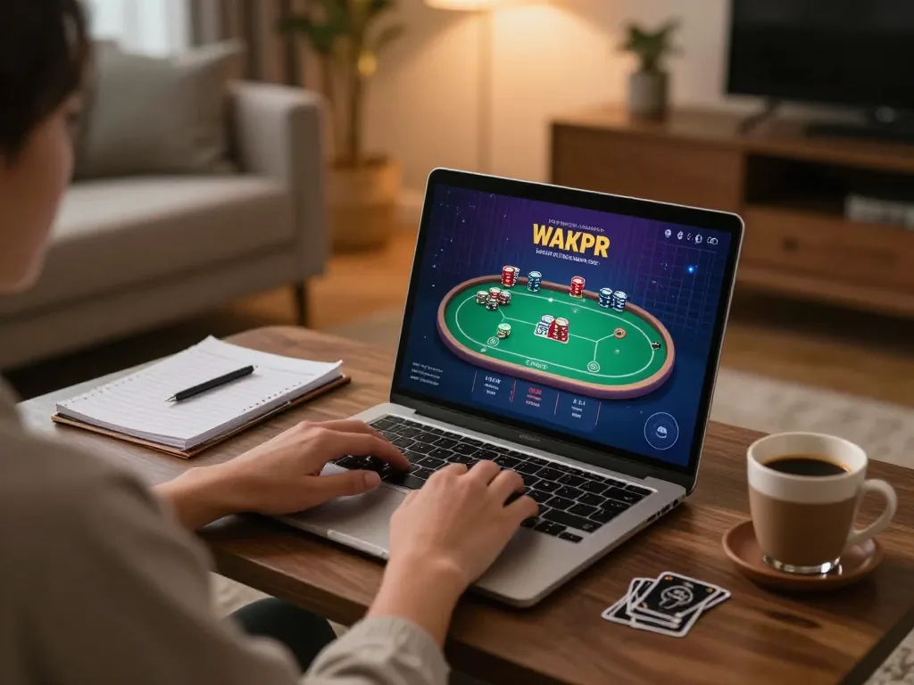 Person engaging with net88 poker game interface at home, warm lighting creating inviting atmosphere