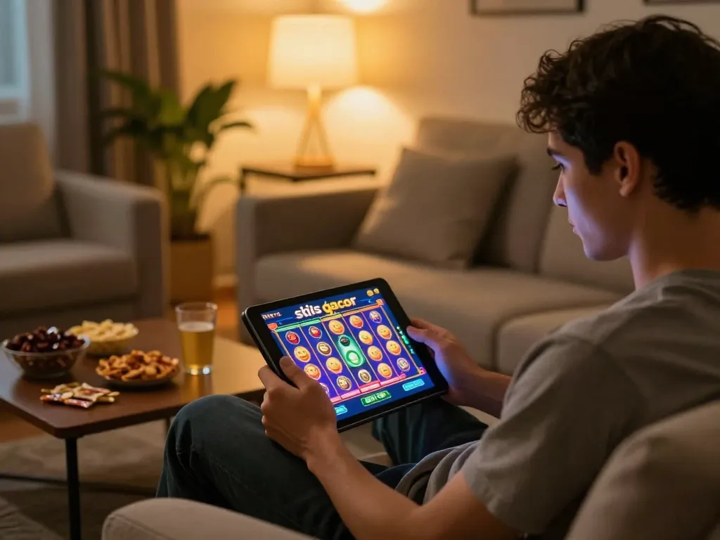 Engaged player enjoying colorful slot games on situs gacor during home gaming night.