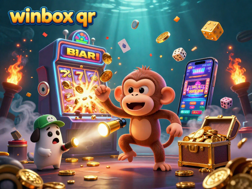 Engage with winbox qr through vibrant 3D casino art featuring a sly monkey juggling gold and a curious puppy.