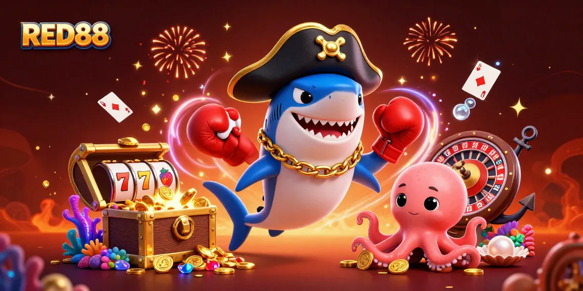 Engage in thrilling slots at RED88 with cartoon characters around vibrant casino elements.