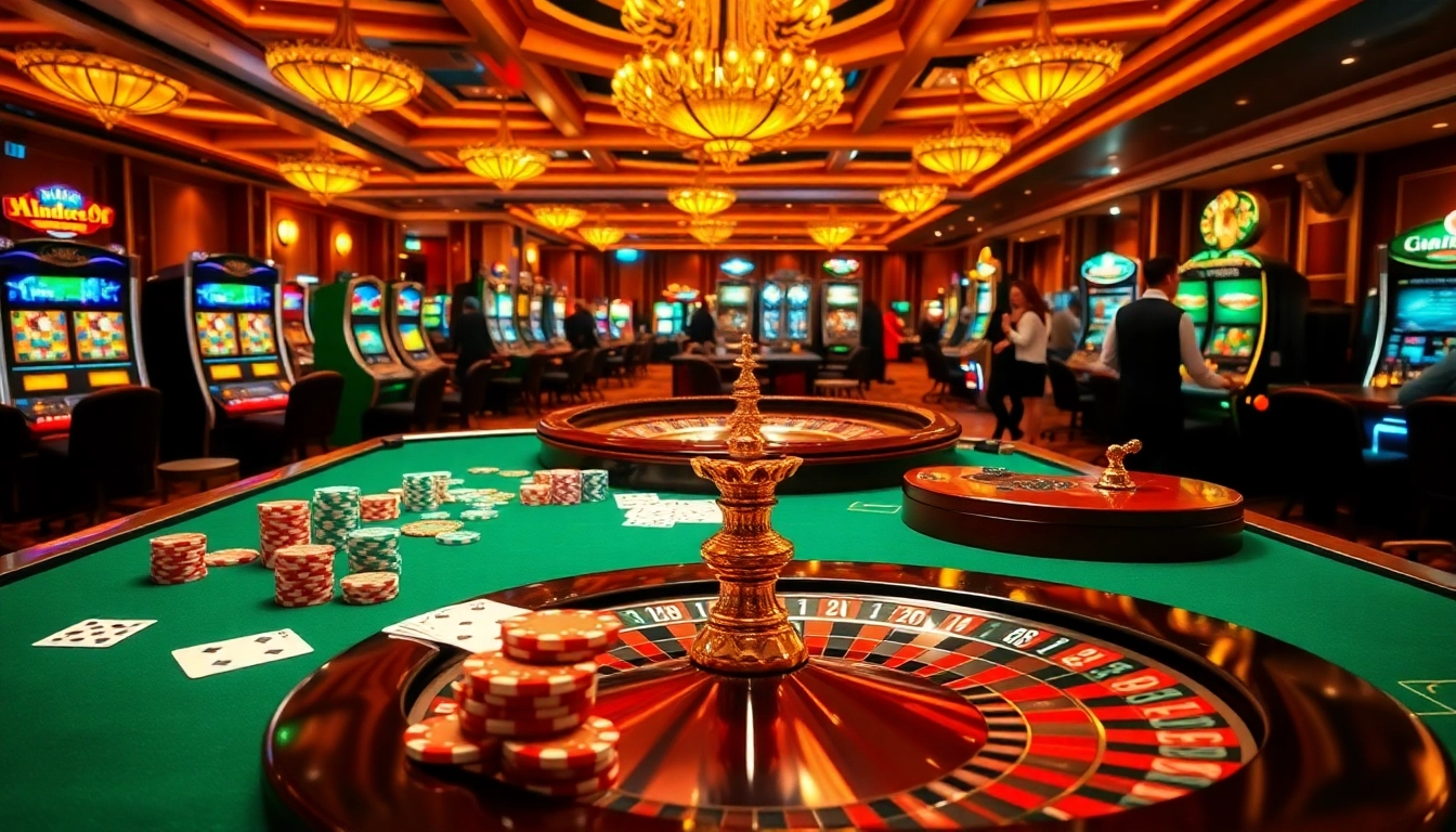 Experience excitement at nhà cái luck8 with vibrant poker chips and a roulette wheel in a stunning casino.