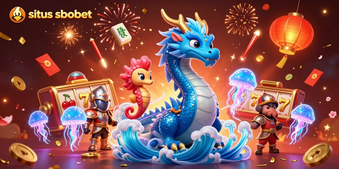 Engage with situs sbobet through a vibrant scene featuring a water dragon and casino elements.