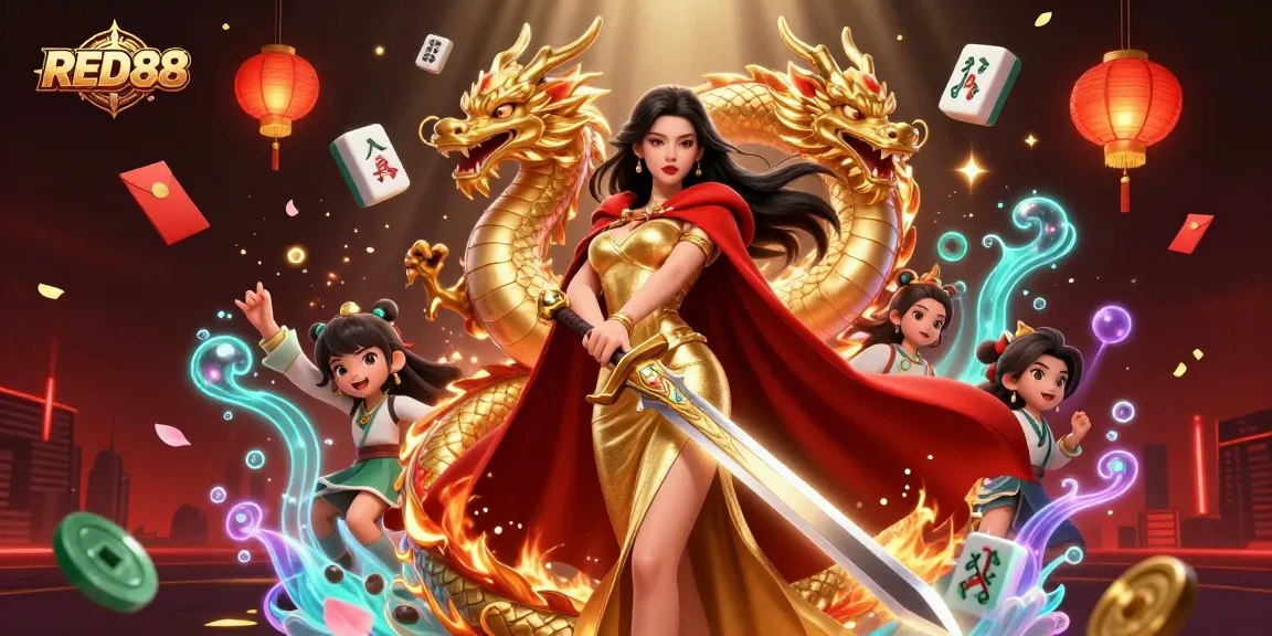 Experience excitement with RED88 as a warrior queen and golden dragon amidst vibrant casino elements.