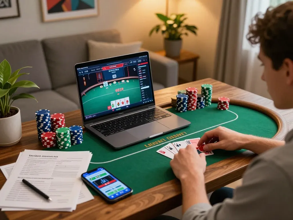 Engaging in online gambling on a laptop while using Rik vip strategy notes for better odds.