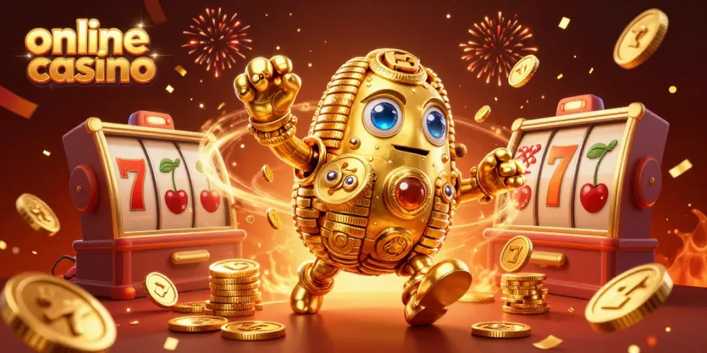 Experience the excitement of the online casino with a dynamic 3D golden golem surrounded by slot machines and festive elements.