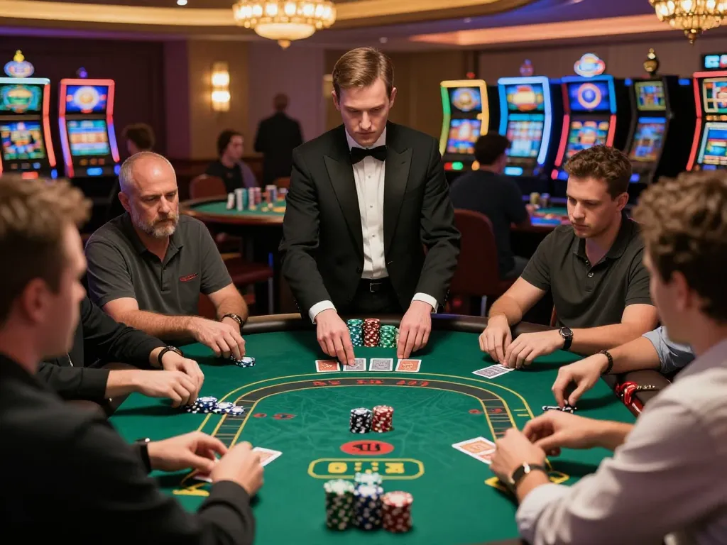 Pemain yang merencanakan strategi di meja blackjack dalam suasana kasino yang meriah, menggambarkan esensi dari cukupnya kegembiraan dan strategi kasino.