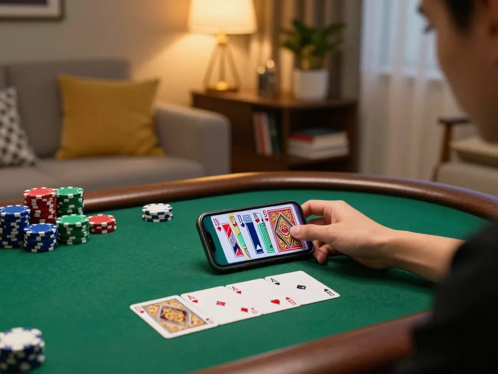 Kuwin player engaged in a lively online poker game, highlighting strategic gameplay on smartphone