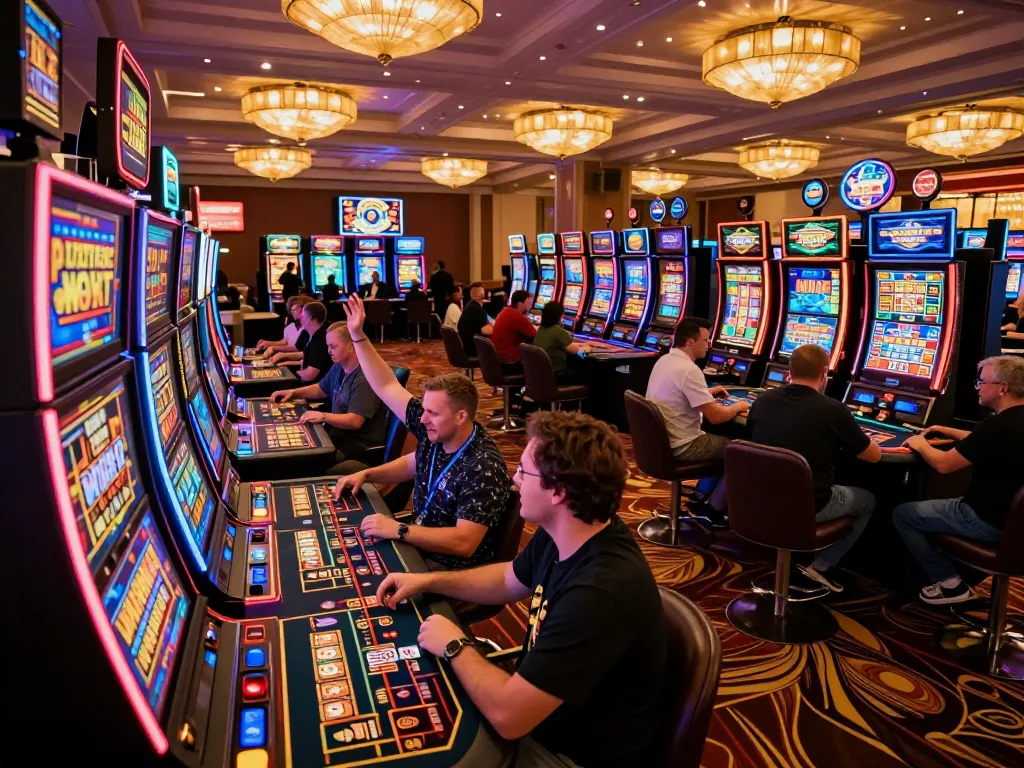 Engaging scene at a lively casino featuring colorful slot machines and excited players enjoying kerajaanslot games.